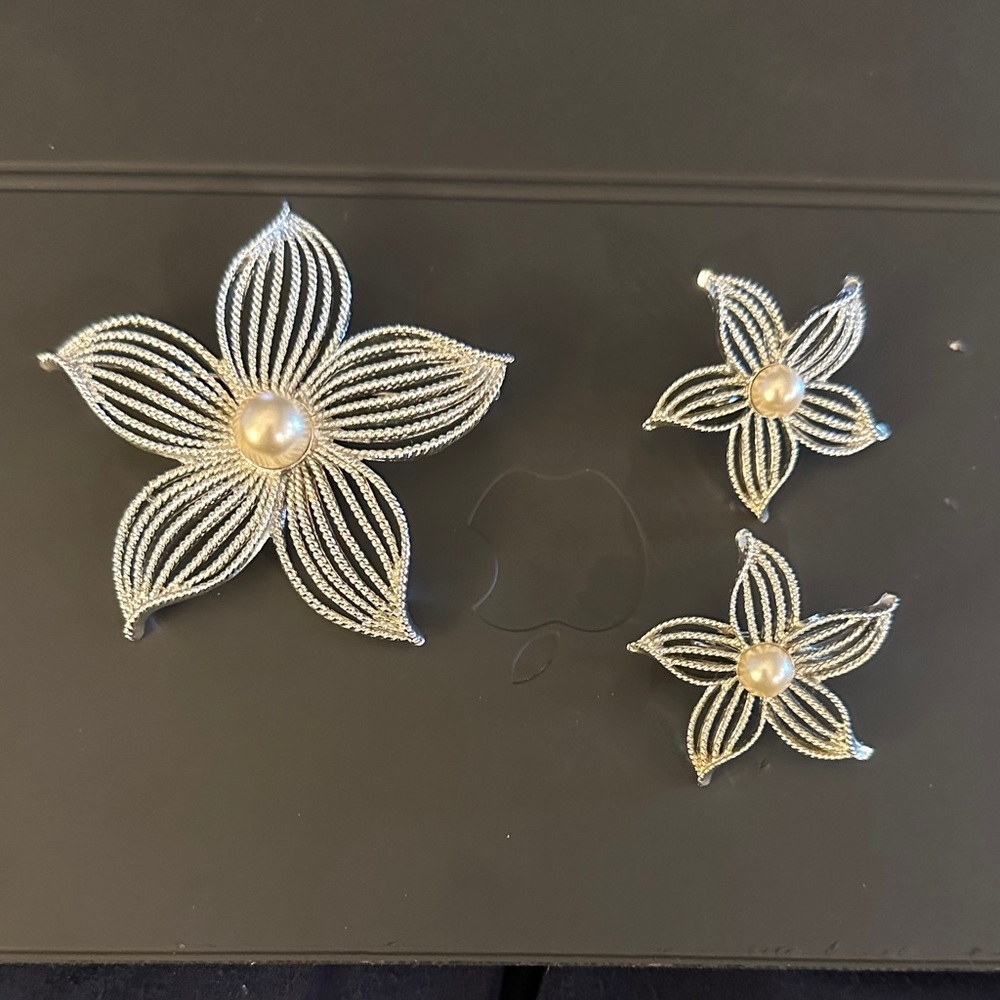 Elegant Silver Floral Brooch and clip on Earring Set
